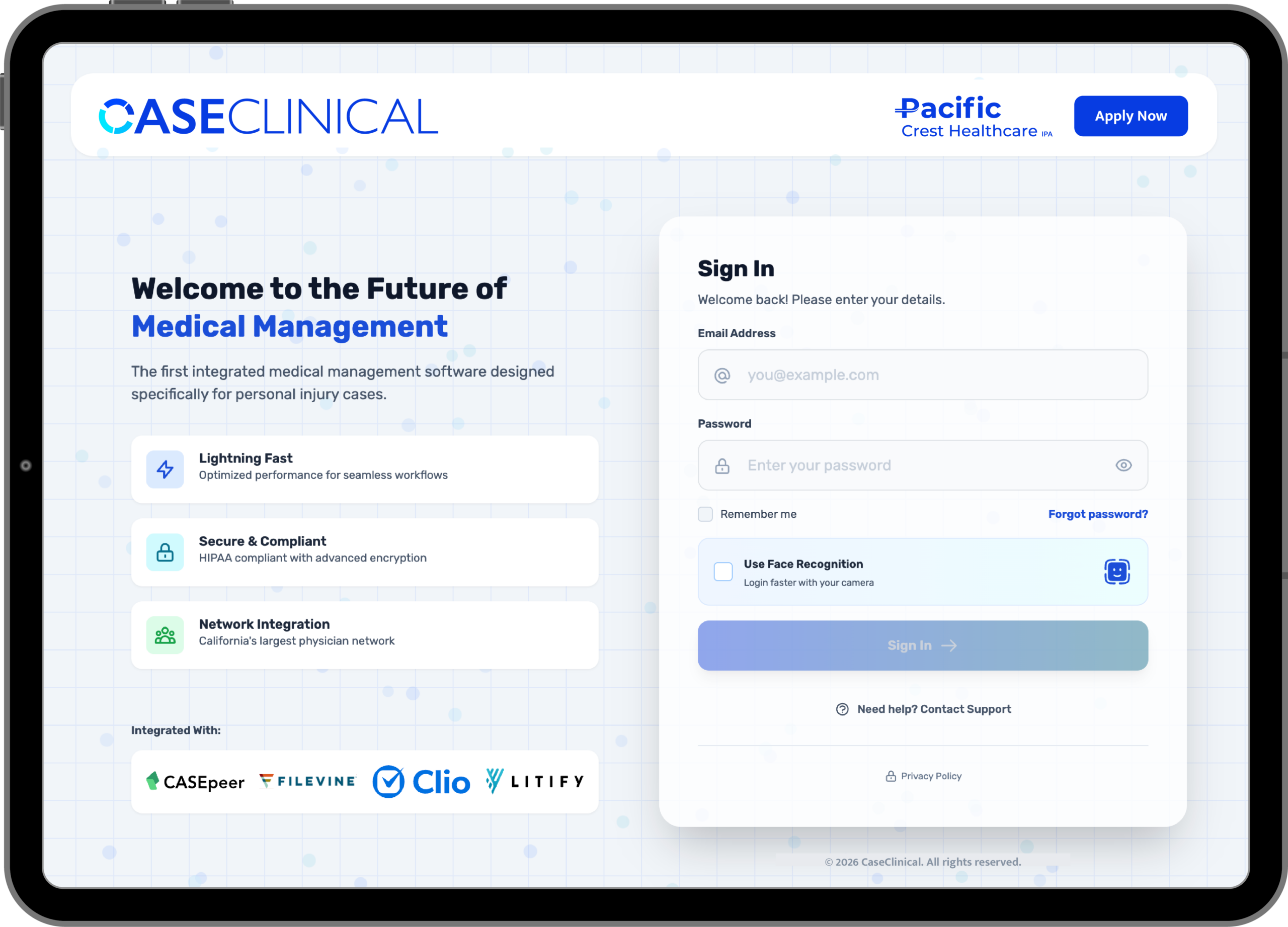 Case Clinical personal injury medical software dashboard